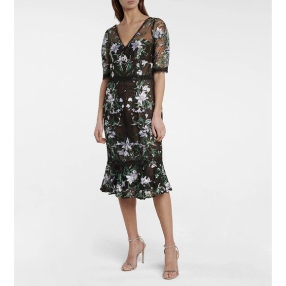 MARCHESA NOTTE NEW Floral Embroidered Midi Cocktail Dress Size 14